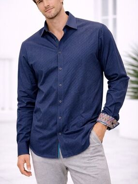 Robert Graham Dress Shirt Mens Size XLT Navy Blue Flip Cuff Geometric All over P